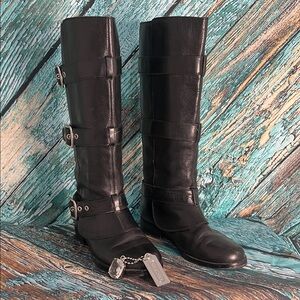 Coach Black Leather Moto Boots with Strap Details